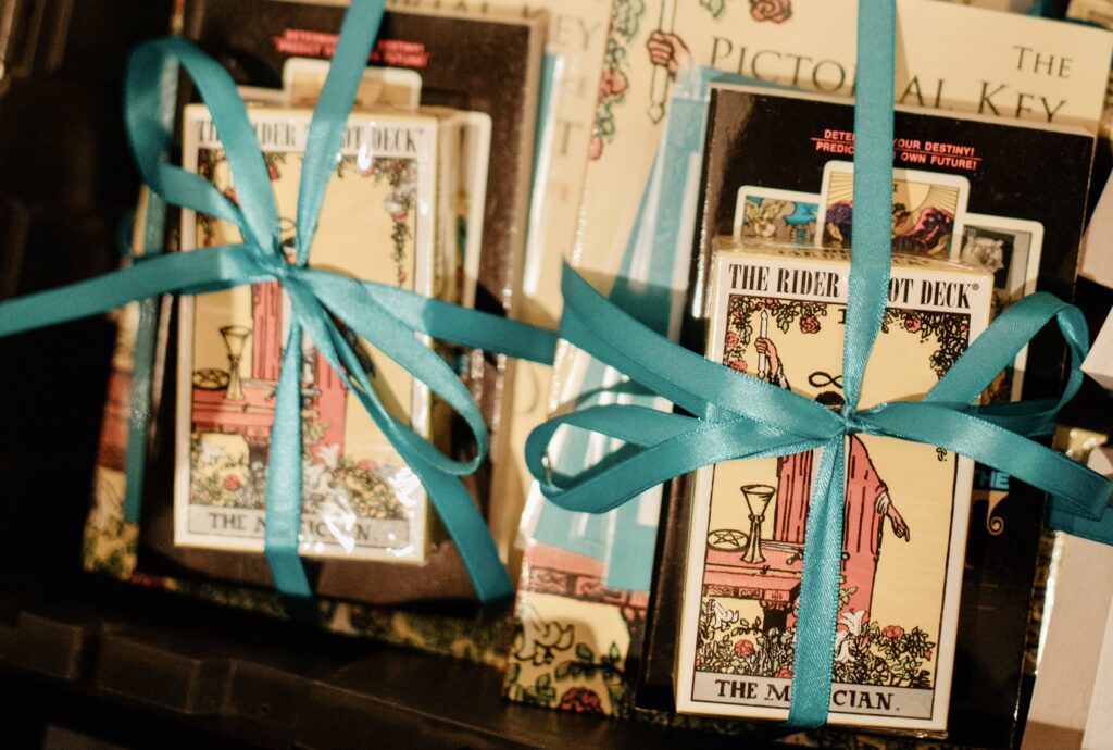 Event gift bags with Tarot decks and books from create social club party summer 2021 in Portland