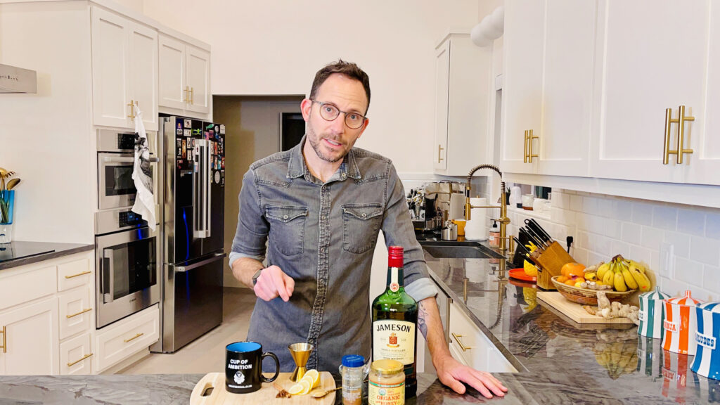 Chris demonstrates how to make a hot toddy and a non-alcoholic hot toddy.